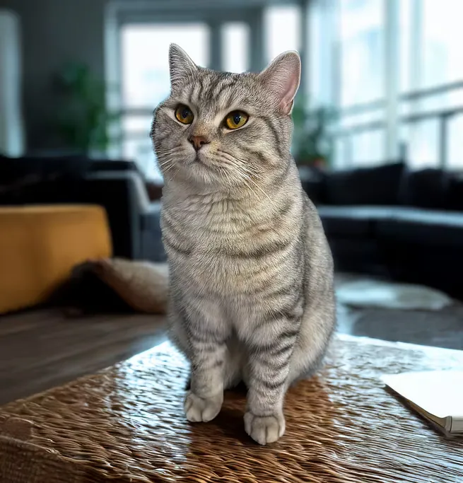Kylo, a silver tabby tomcat, sitting upright on a rattan table in the living room